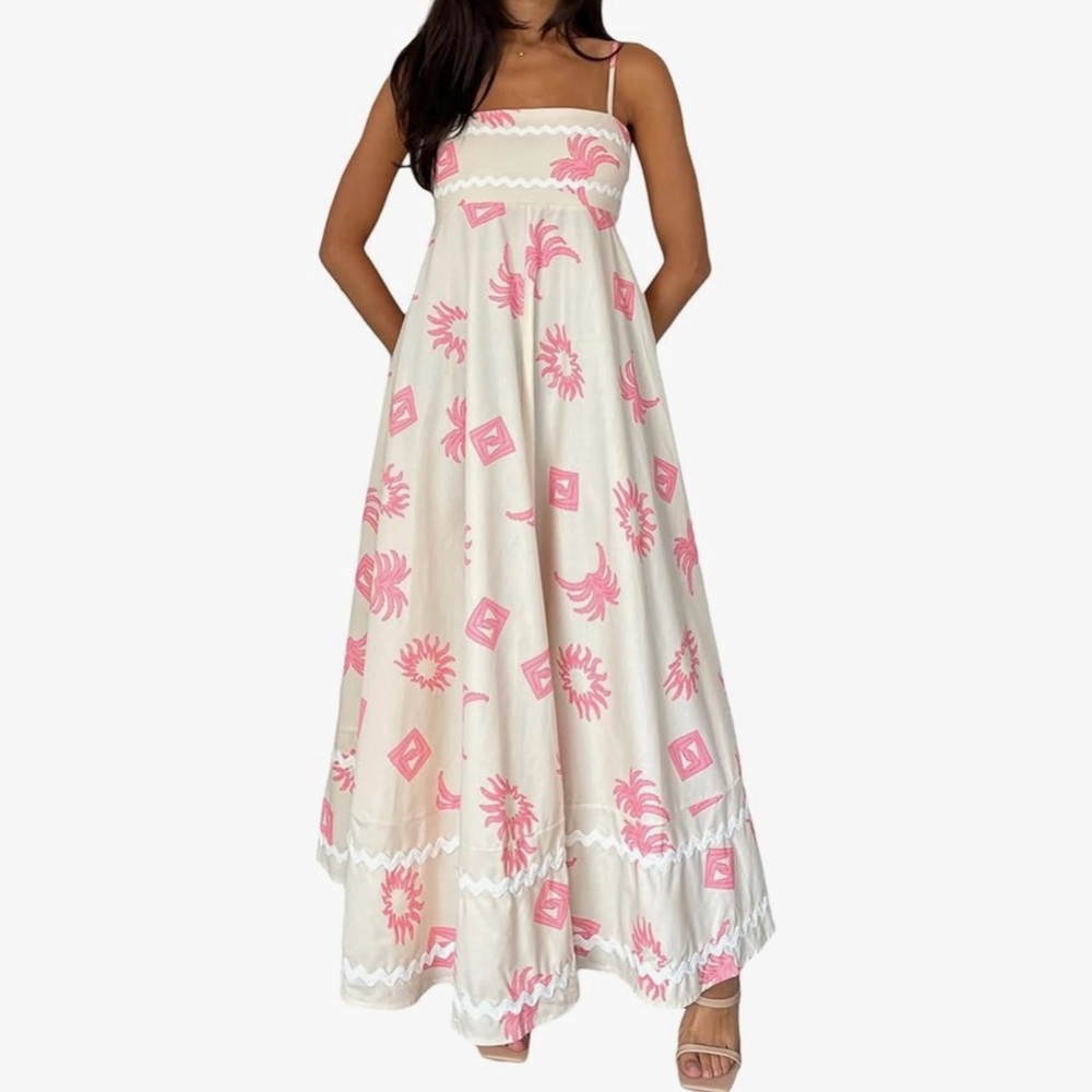 Pink Tropical Print Maxi Dress Women’s Large Boho Beach Resort Sundress Summer